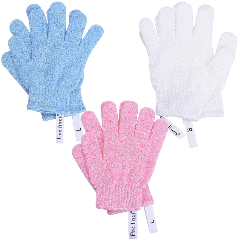 [Australia] - Exfoliating Shower Gloves with Hanging Hoops Labelled Left & Right – Prevents Bacteria Spreading – Protected Design by Fine Lines 3 Pairs with Hanging Hoop / Multi-Coloured 