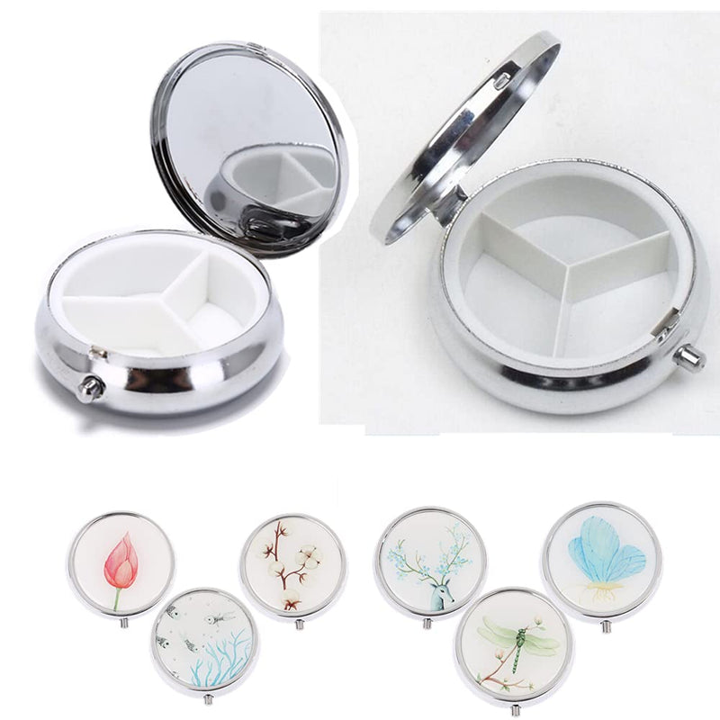 [Australia] - 2 Pack Pill Container 3 Slots Medicine Box Round Metal Pill Box Makeup Storage Container Folding Pill Case Metal Pill Cutte for Travel Outdoor(Random Pattern) 
