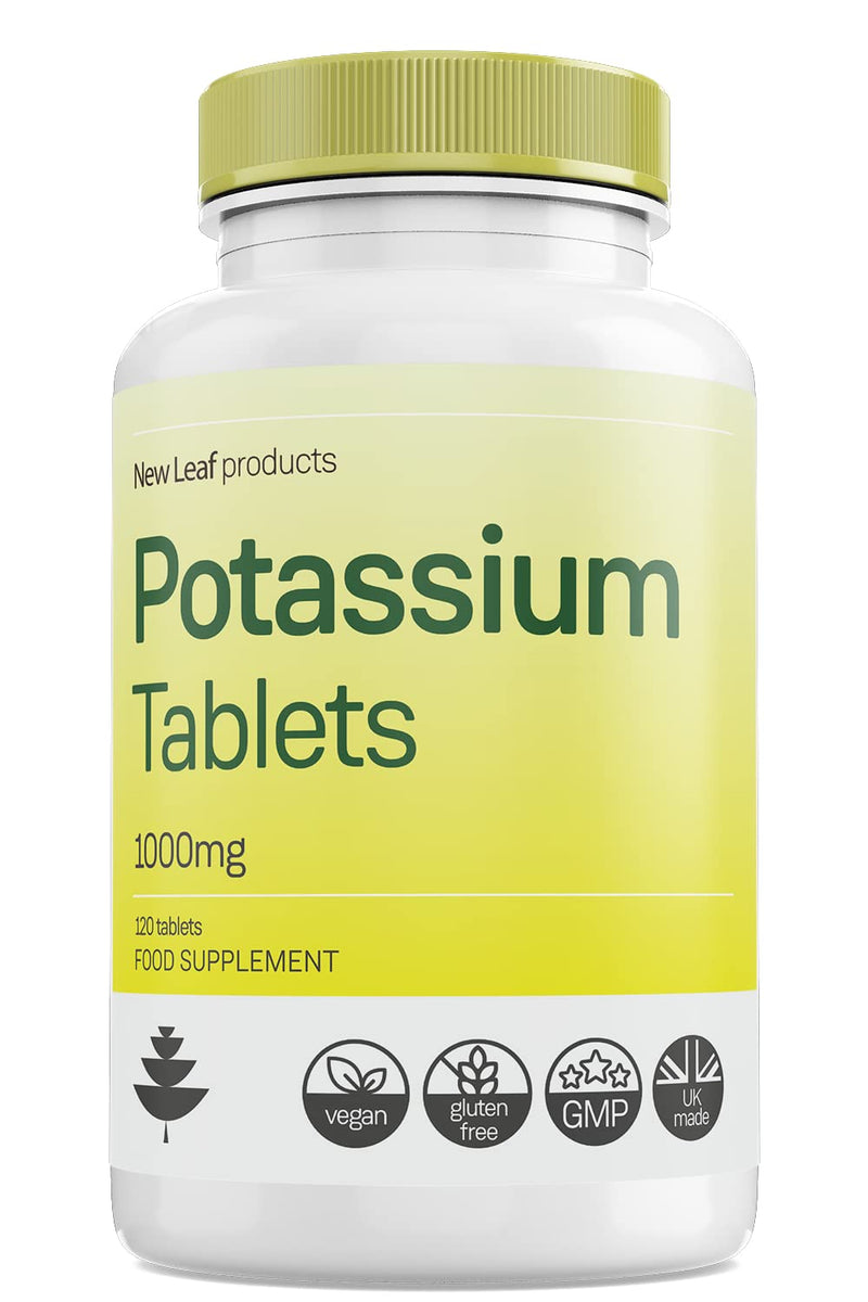 [Australia] - Potassium Supplements 1000mg, 120 Vegan Potassium Tablets Mineral Electrolytes Supplement Contributes to Normal Muscle Function Vegan, Gluten-Free, Non-GMO, Made in UK by New Leaf 120 Count (Pack of 1) 