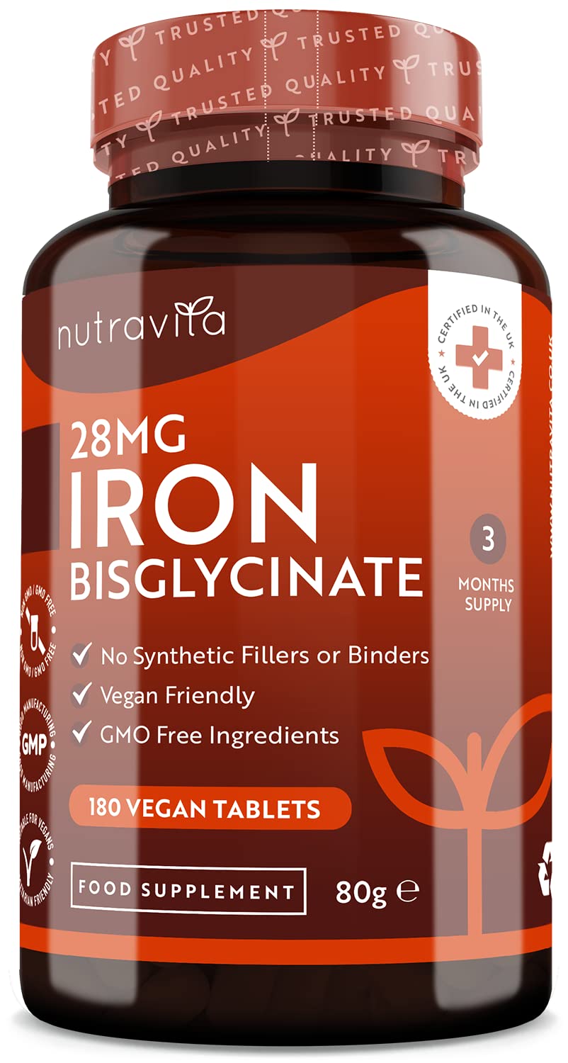 [Australia] - Iron Tablets 28mg – 180 Vegan Tablets (3 Month Supply of Iron Supplements) – Contributes to The Reduction of Tiredness and Fatigue – Suitable for Men and Women – Made in The UK by Nutravita 