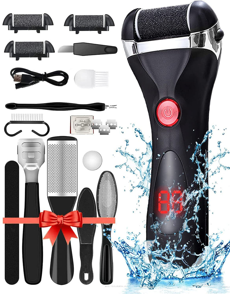 [Australia] - Jooayou Foot File Electric for Hard Skin, USB Rechargeable Waterproof Foot Scrub Callus Remover [with 3 Pumice Stone Rollers & 10 in 1 Foot Scraper Set] Foot Care Tool for Dry Dead Cracked Heel 15 Piece Set 