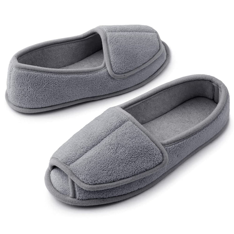 [Australia] - Women’s Diabetic Memory Foam Wide Fit Slippers Open Toe Adjustable Slip-on House shoes Indoor and Outdoor Rubber Sole 7 UK Grey 