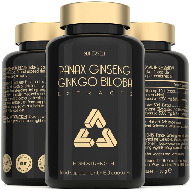 [Australia] - Korean Ginseng and Ginkgo Biloba Tablets 6000mg - Panax Ginseng Root Standardised 20% Ginsenosides 3000mg & Ginkgo 3000mg - High Strength 60 Capsules - Herbal Supplement for Men & Women - UK Made 