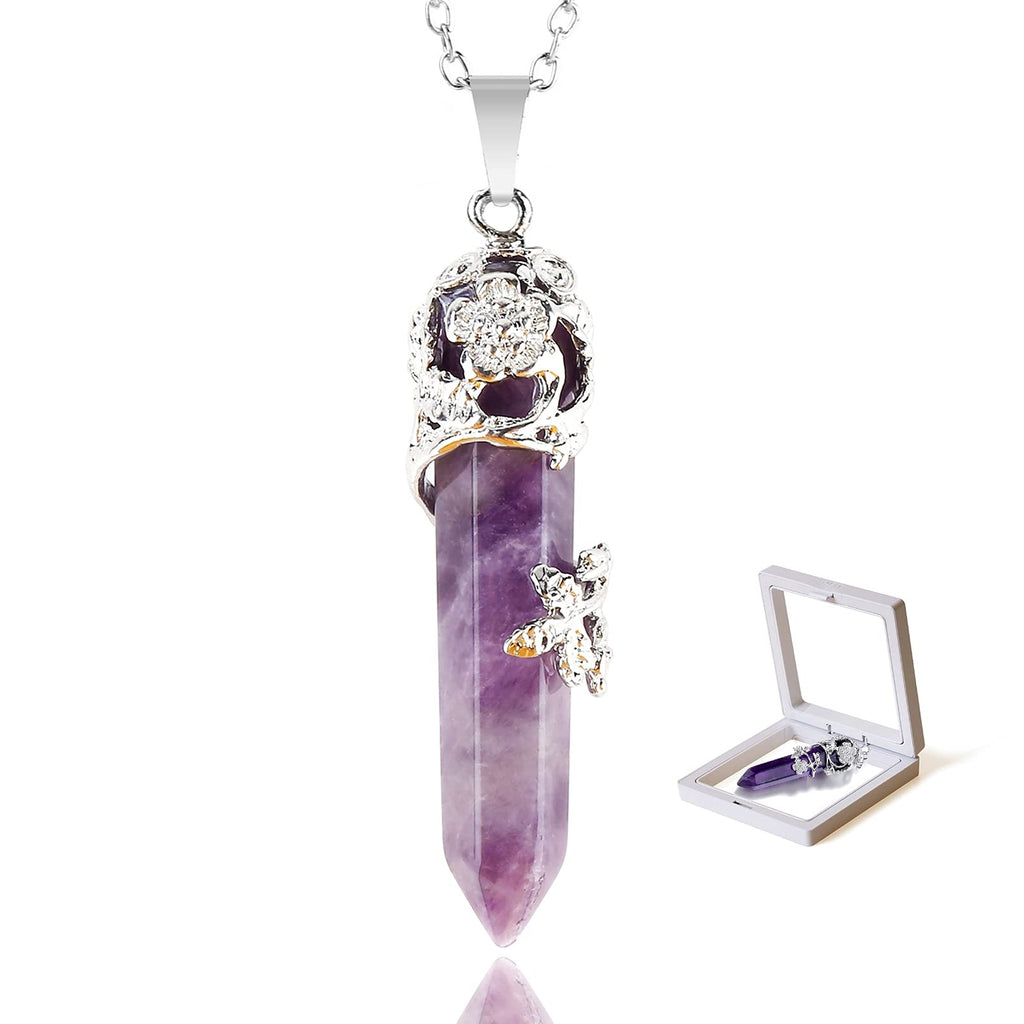 [Australia] - Amethyst Crystal Necklace, Natural Crystal Stone Pendant Necklace Silver Flower Wrapped Quartz Crystals Pendant Necklace Jewelry for Yoga Meditation Anxiety Relief Amethyst 