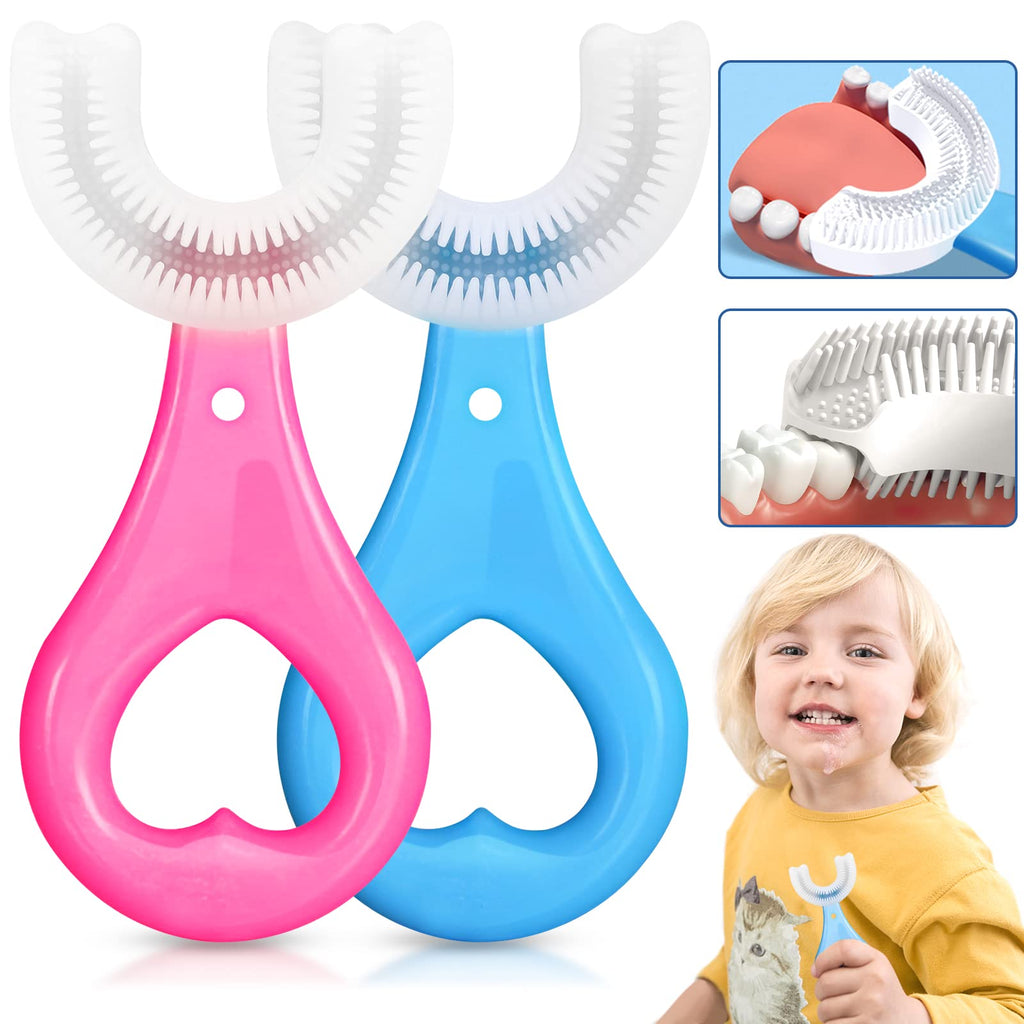 [Australia] - Kids U-Shaped Toothbrush 2Pcs,Whole Mouth Teeth Brush,Soft Silicone Brush Head,Cartoon Design,Manual Toothbrush Oral Cleaning for Childrens 2- 6 Years 1 Red + 1 Blue 