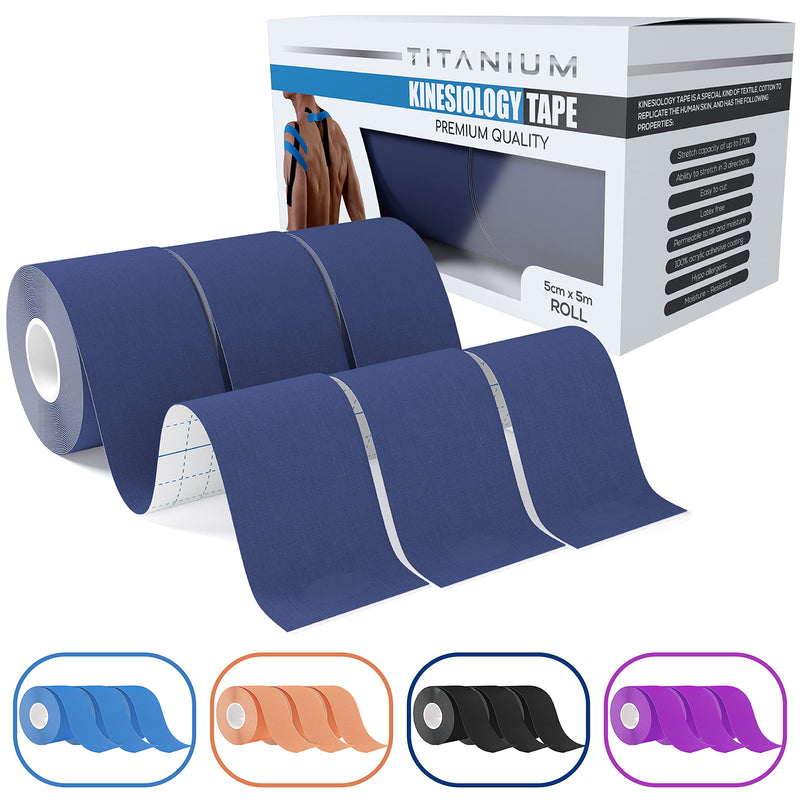 [Australia] - Titanium Sports Kinesiology Tape (3pack) - 5m Roll of Elastic Water Resistant Tape for Support & Muscle Recovery - Quality Sports Tape (Dark Blue) Dark Blue 