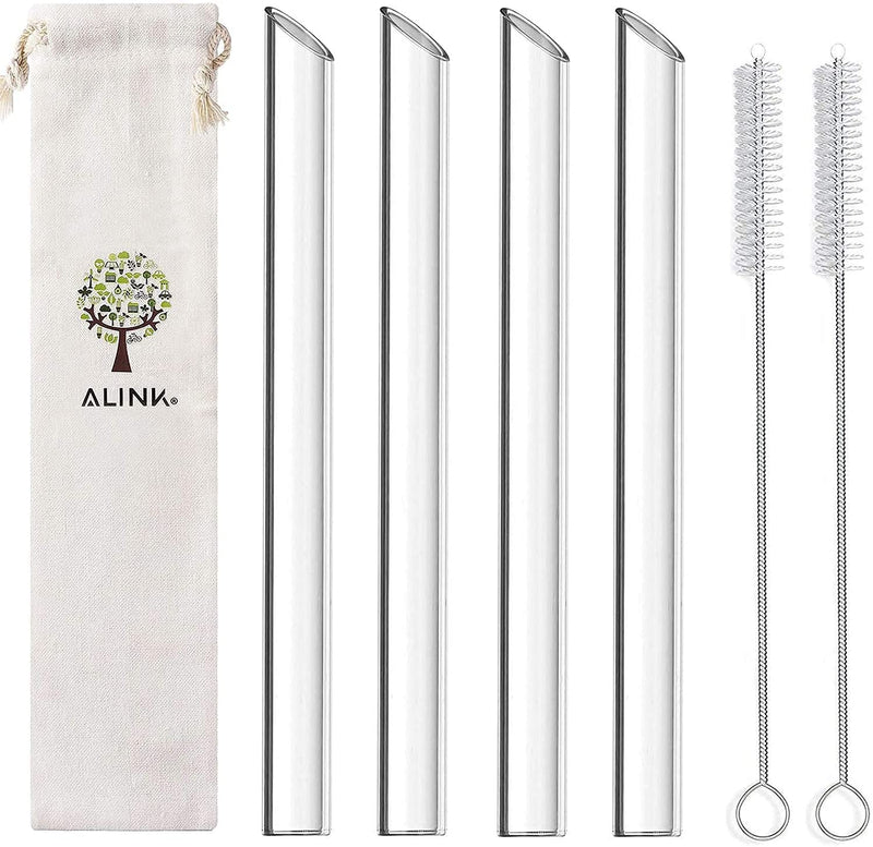 [Australia] - ALINK Reusable Glass Boba Straws, 14mm Extra Wide Clear Smoothie Straws for Bubble Tea, Pack of 4 with 1 Case and 2 Brush 