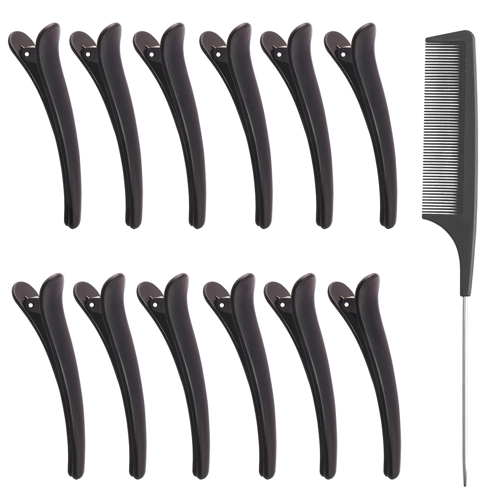 [Australia] - Stoutips Pack of 12 Hair Sectioning Clips for Women with 1 PCS Antistatic Tail Comb – Professional Hairdresser Clips for Salon Styling & Care, Hair Dying Accessories, Black 