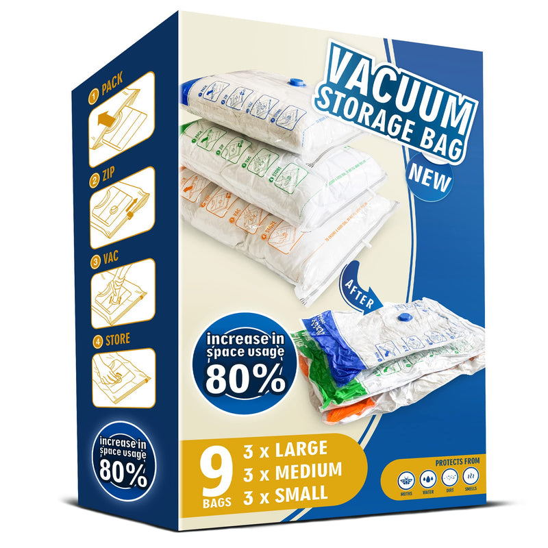 [Australia] - STORAGE MASTER Space Saver Bags for Travel and Home Reusable Vacuum Storage Bags Save 80% More Storage Space Work with Vacuum Cleaner (9 Combo) 9 Pack C 