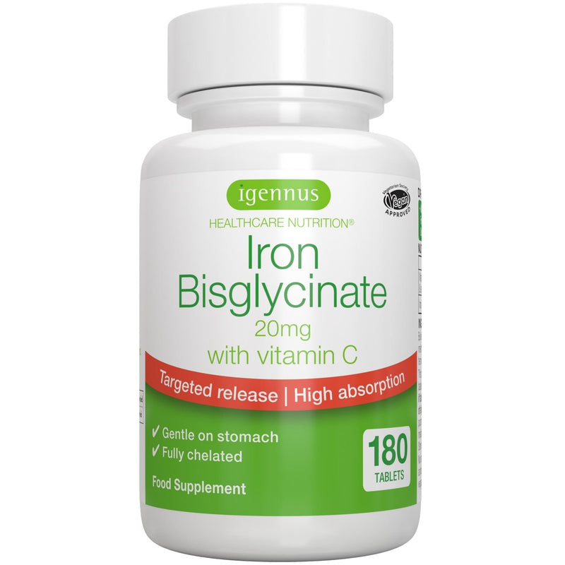 [Australia] - High Absorption Chelated Iron Bisglycinate 20mg with Vitamin C, Gentle Formula, Clean Label & Targeted Release, One Daily, Vegan, 180 Tablets, by Igennus 