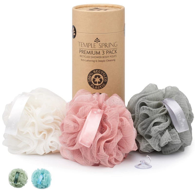 [Australia] - Temple Spring, Eco Recycled Shower Pouf, Bath Loofah, Body Brush, Mesh Sponge, Exfoliating Bath Scrunchie, Multi Pack Bathroom Puff, Toiletries, Foam Balls (Coral Pink) Coral Pink 