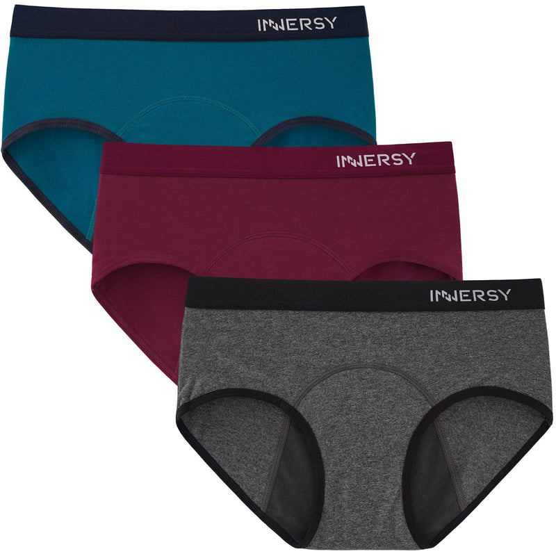 [Australia] - INNERSY Period Pants for Women Cotton Leakproof Knickers Mid-rise Menstrual Underwear Added Protection Pack of 3 12 Marl Grey/Burgundy Red/Lake Blue 