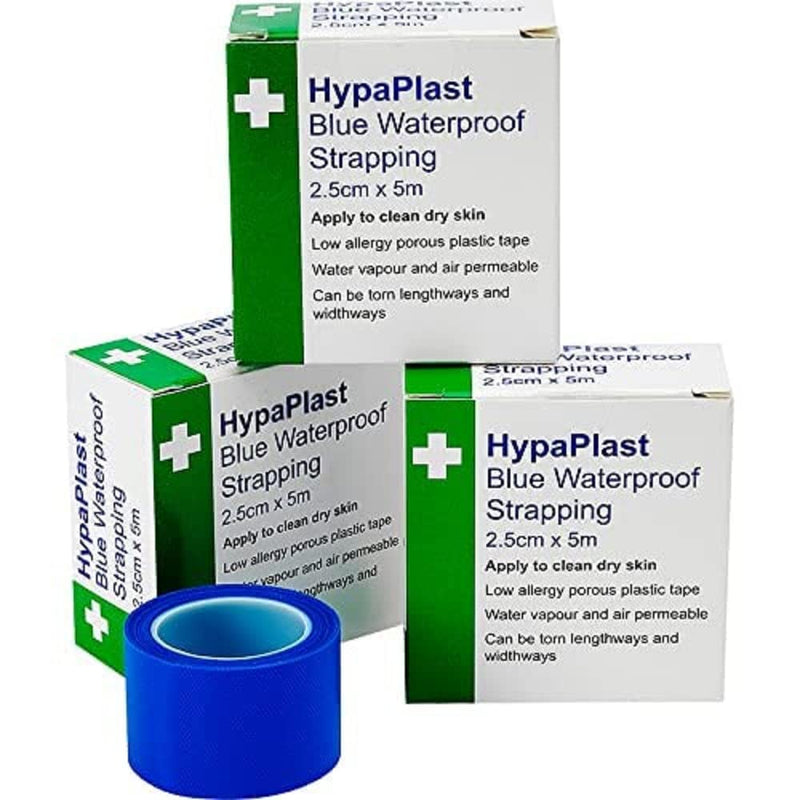 [Australia] - HypaPlast Blue Waterproof First Aid Tape for securing Plasters and Dressings, 2.5 cm x 5m, Pack of 3 Rolls 