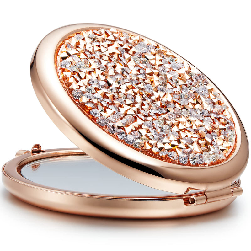 [Australia] - OMIRO Compact Mirror, Mini Mix Diamond 1X/2X Magnifying Round Metal Pocket Makeup Mirror (Rose Gold) Rose Gold, Mix Diamond 