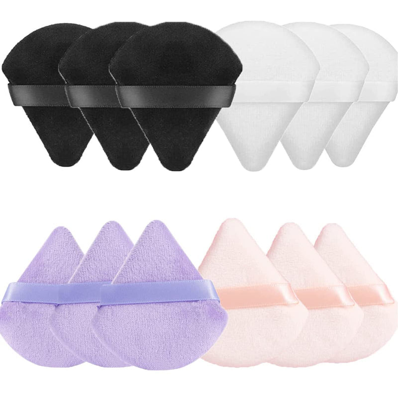 [Australia] - 12 Pieces Triangle Powder Puffs, 4 Colors Washable Makeup Puff Wet Dry Dual-Use Cosmetic Puff Soft Velour Puff Fundation Puff for Face Loose or Pressed Powder black/white/purple/skin 