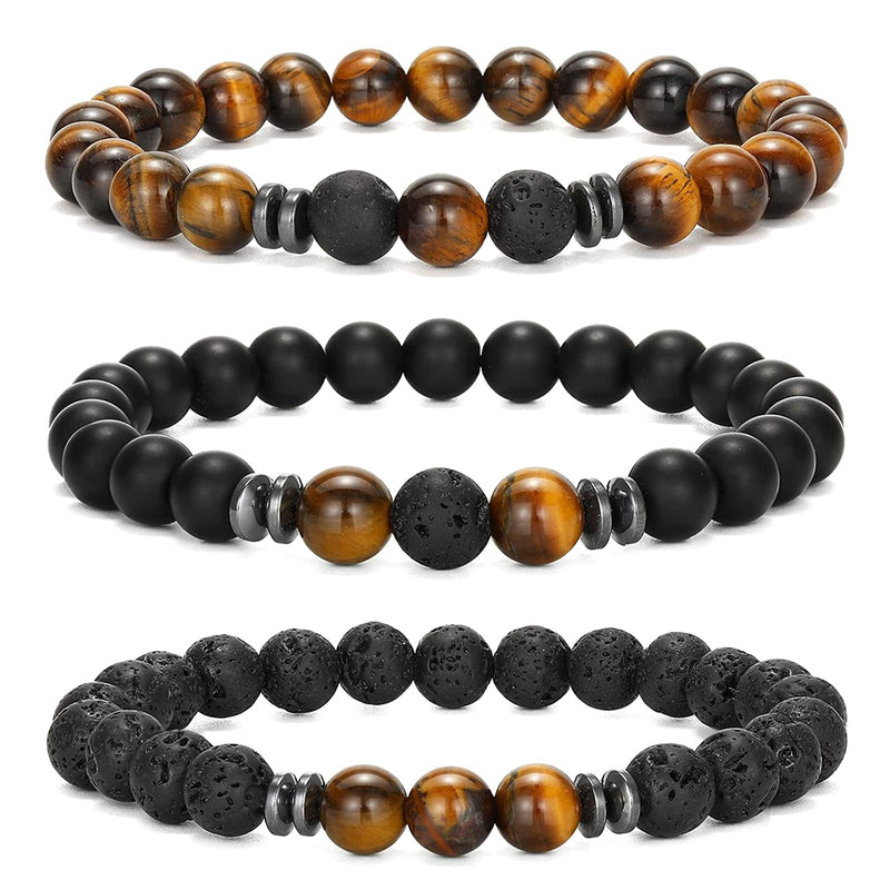 [Australia] - Karjiaja 3 PCS Tigers Eye Bracelet Crystal Beads Agate Gemstones Natural Stone Chakra for Women Healing Positivity Anxiety Relief Yoga Reiki Elastic 