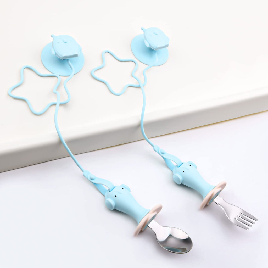 [Australia] - Vicloon Baby Fork and Spoon Set, Silicone Stainless Steel Baby Cutlery for weaning and Learning to use Cutlery, 2 Pcs Baby First Self Feeding Spoon Fork with Rope and Sucker for Babies & Toddlers With suction cup Blue-a 