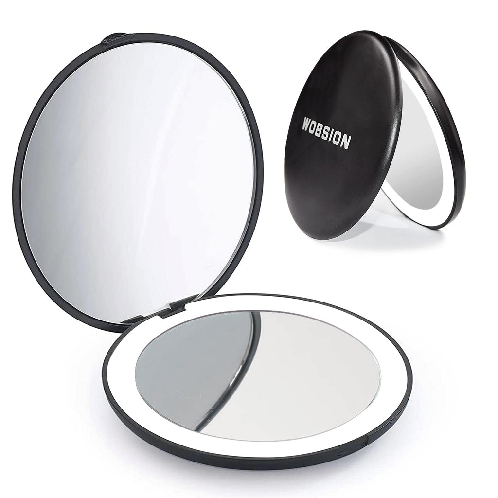 [Australia] - wobsion Led Compact Mirror, 1x/10x Magnification Compact Mirror with Light,Handheld 2-Sided Pocket Mirror,Travel Makeup Mirror,3.5in Compact Mirror for Purses,Small Mirror for Handbag,Black Black 