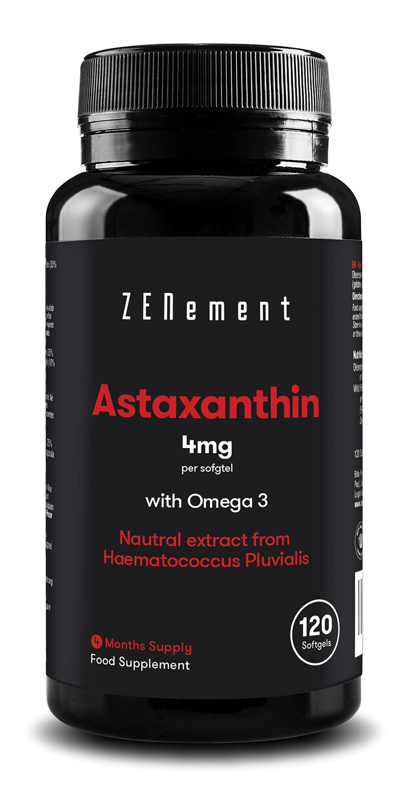 [Australia] - Astaxanthin, 4mg with Omega 3, 120 Softgels | Natural Source | Powerful antioxidant | 100% Natural Ingredients, Additives Free, Soy Free, Non-GMO, GMP | Zenement 