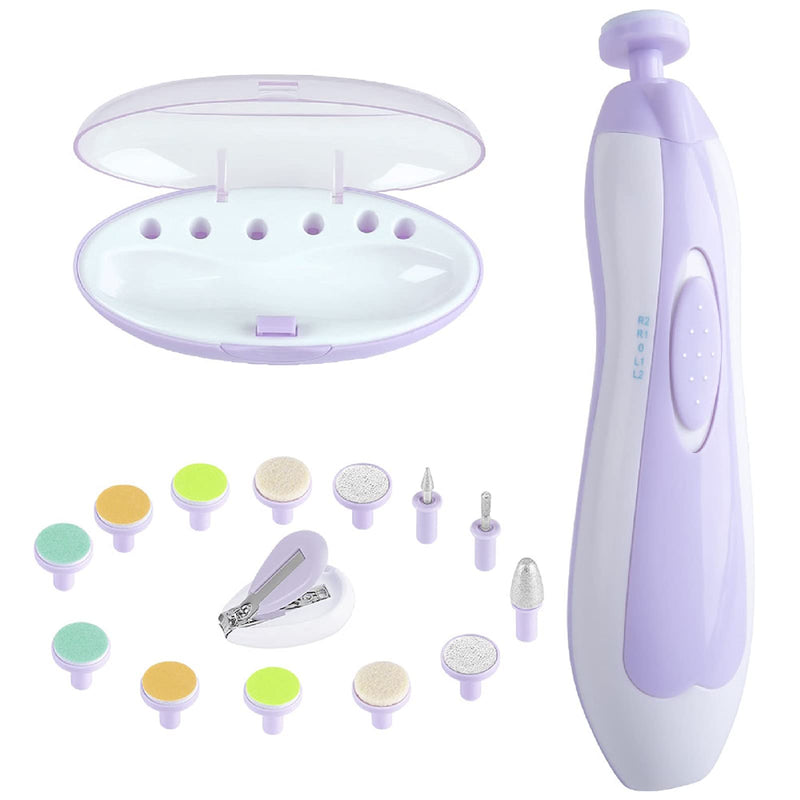 [Australia] - Baby Nail File, Electric Nail Trimmer Clippers Manicure Set, Safe Toe Fingernails Care Polish Trim Nail Kit with Led Light for Newborn Infant Toddler or Women, 13 Grinding Heads&1 Nail Cutter Included purple 