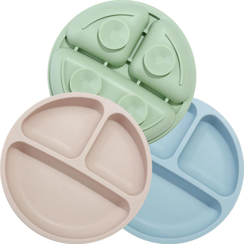 [Australia] - PandaEar - 3 Pack- Silicone Baby Suction Plates for Toddler Kids Self Feeding, Stay Put Divided Dish Feeding Plates for High Chair Tray, Unbreakable Portable Non Slip 