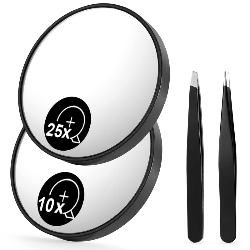 [Australia] - OMIRO 10X & 25X Magnifying Mirrors and Two Eyebrow Tweezers Kits, 3.5" Two Suction Cups Magnifier Travel Set 