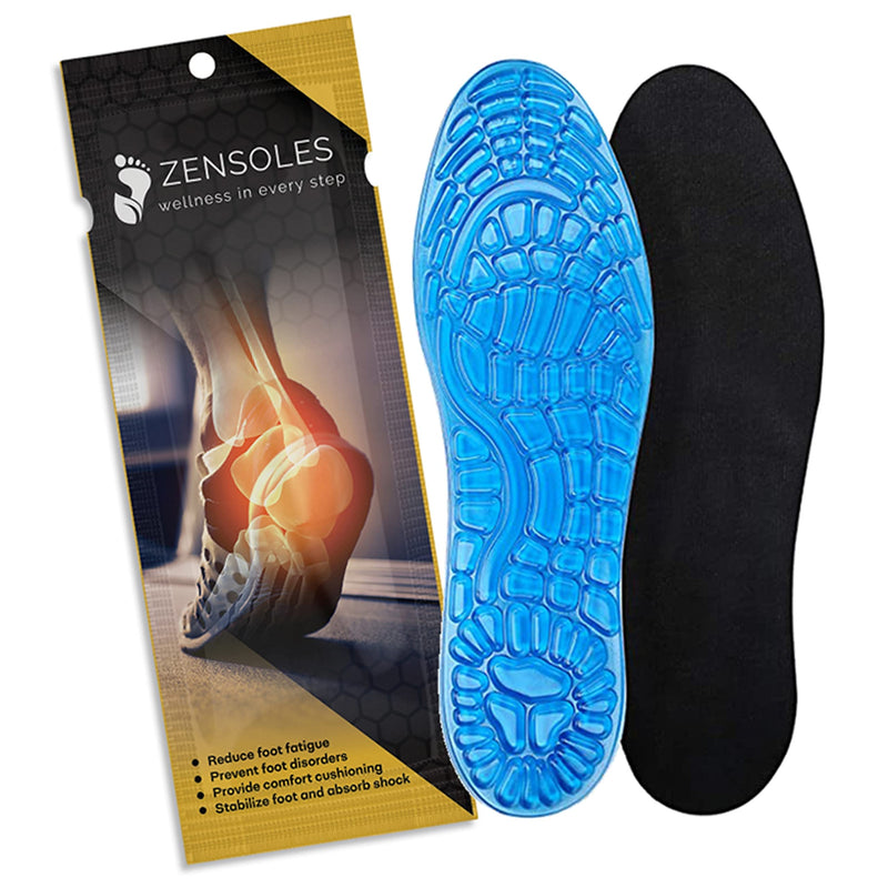 [Australia] - Cushioned Gel Insoles for Men and Women with Orthotic Arch Support. Shock Absorbing with Soothing Comfort and Massage. UK Sizes Blue Large (UK Size 8-11) 