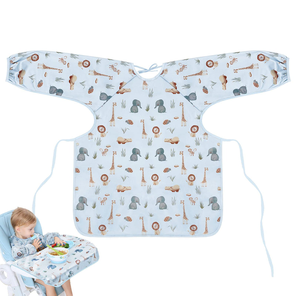 [Australia] - Vicloon Baby Bibs with Sleeves, Baby & Toddler Weaning Bib Coverall Attaches to Highchair & Table, Waterproof Long Sleeve Bib Unisex Feeding Bibs Apron for Infant Toddler light blue 