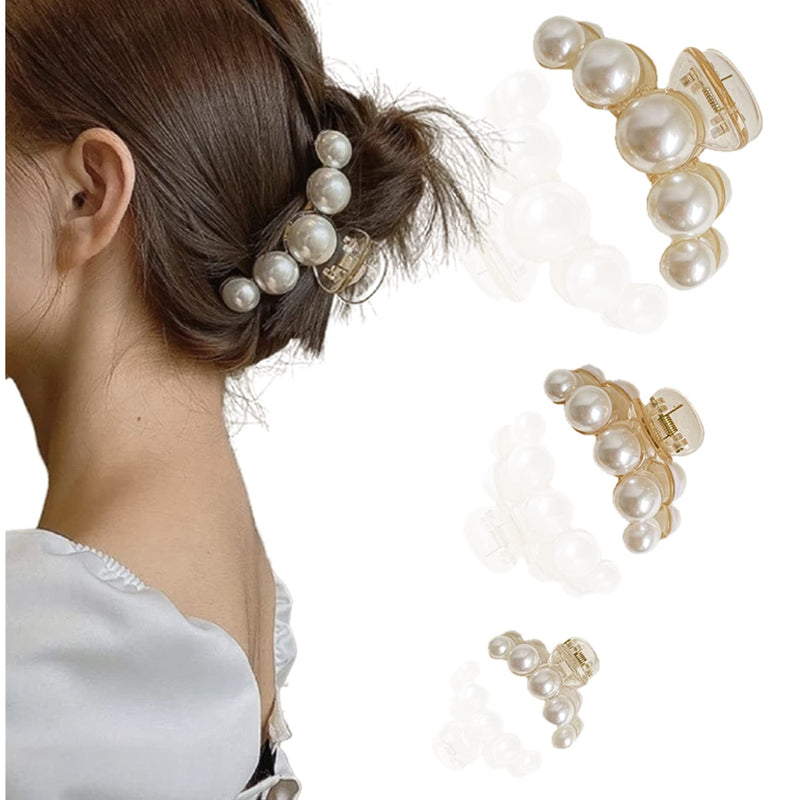 [Australia] - Pearl Hair Claw Clips for Women, Large Pearl Hair Grip, Big Hair Clips for Thick/Fine Hair, Pearl Hair Slide Hairdressing Clips Long Hair Accessories for Women/Girl(3 pcs,3 Size) 