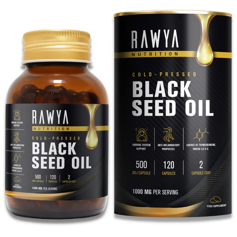 [Australia] - Black Seed Oil - 120 Softgel Capsules, RAWYA, Premium Cold-Pressed Nigella Sativa, Pure Black Cumin Seed Oil - 500mg Each, Supports Immune System, Joints, Hair Growth & Skin, Halal 