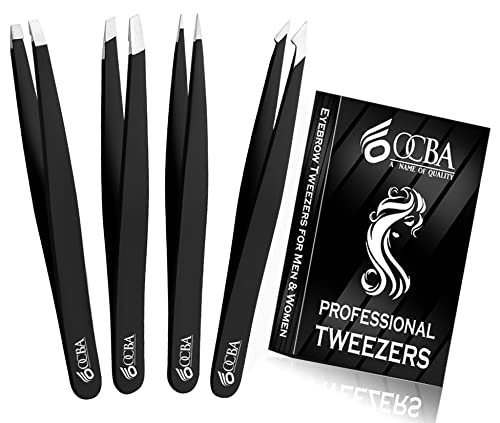 [Australia] - OCBA 4 Pcs Black Tweezers for Facial Hair Women & Men for Precise Grooming of Eyebrows - Professional Stainless Steel Black Color Coated Eyebrow Tweezers for Ingrown Hair on Nose Ear (Black) 