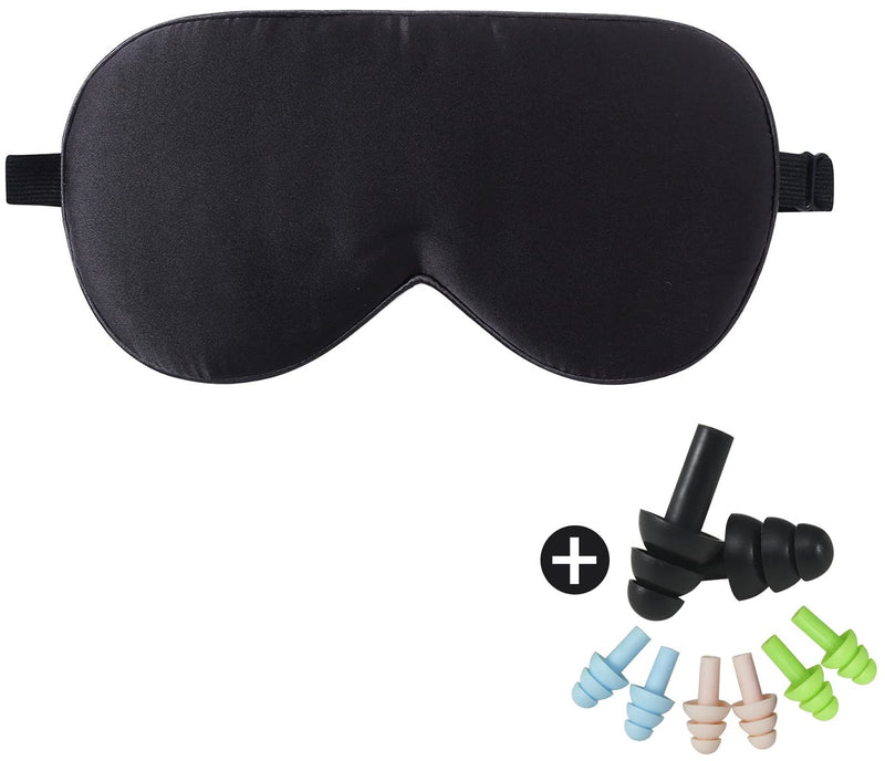 [Australia] - LaCourse 100% Natural Mulberry Silk Eye Mask for Sleeping with 4Pair EarPlugs & Travel Pouch. Soft, Smooth Sleeping Mask, Blocking Out Light. Adjustable Silk Sleep Eye Mask for Women&Men, Black Black With 4pair Earplugs 