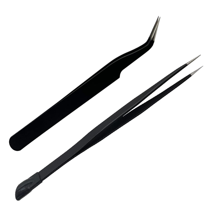 [Australia] - 2 PCS Nail Art Tweezers, Straight and Curved Tip Tweezers Rhinestone Stickers Picker Pointed Tweezers for Craft, Makeup Tools - Black 