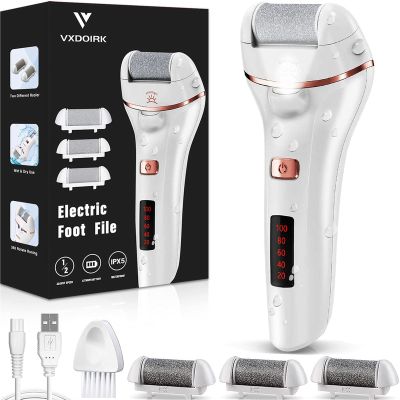 [Australia] - Electric Foot File, Vxdoirk Rechargeable Waterproof Feet Hard Skin Remover Foot with 3 Replacement Rollers and 2 Speeds,Battery Display Dry Dead Skin Remover feet For Foot Care 