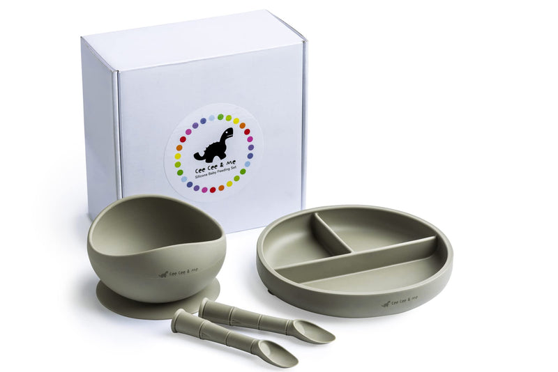 [Australia] - Silicone Feeding Set for Babies and Toddlers, Suction Bowl, Suction Divider Plate, Spoons, Baby Weaning Set, Dinner Sets, Gift Box, Gift Set (Silver Sage Green) 