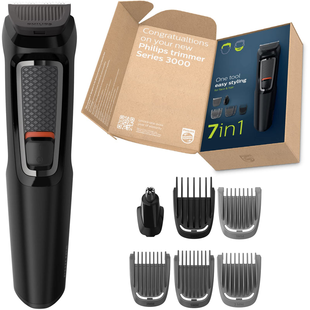 [Australia] - Philips 7-in-1 All-in-One Trimmer, Series 3000 Grooming Kit for Beard & Hair with 7 Attachments, Including Nose Trimmer, Self-Sharpening Blades, UK 3-Pin Plug-MG3720/35,Black 