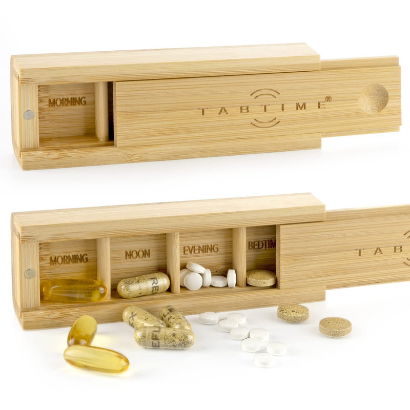 [Australia] - TabTime Bamboo Small Daily Pill Box, 4 Compartment Tablet Organiser, Perfect for Pills and Supplements 