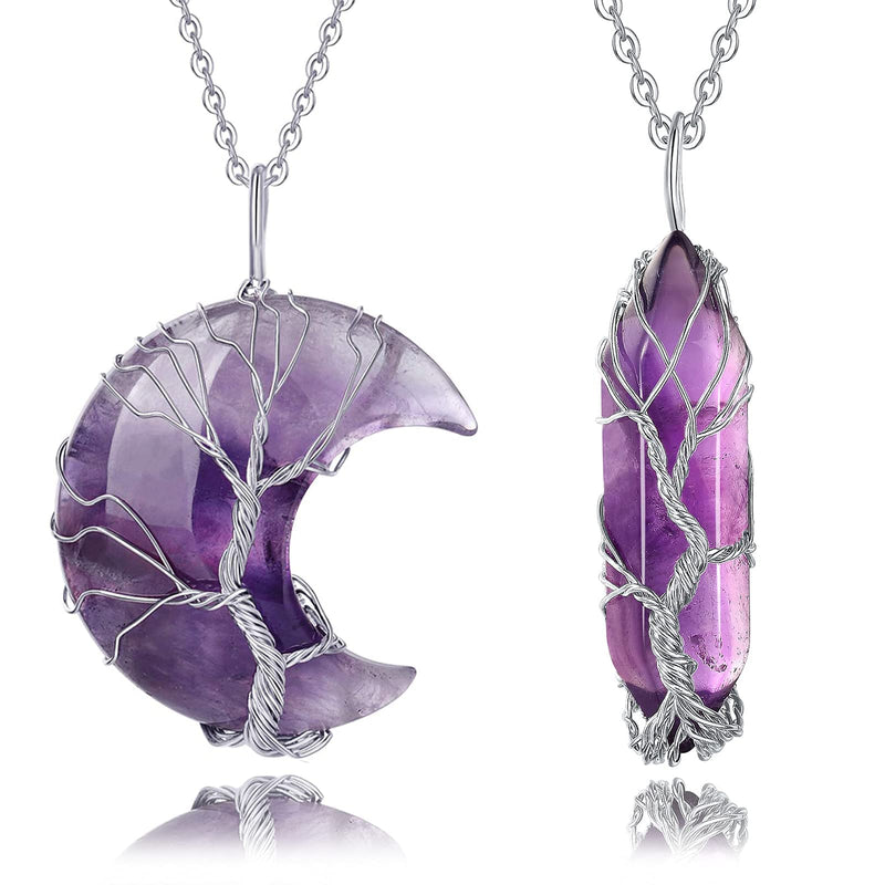 [Australia] - Amethyst Healing Crystal Necklace Silver Wire Wrapped Crescent Moon Pendant & Double Pointed Hexagonal Prime Crystal Quartz Stone Reiki Gemstone Chakra Jewelry for Women Valentine's Day Gift A 