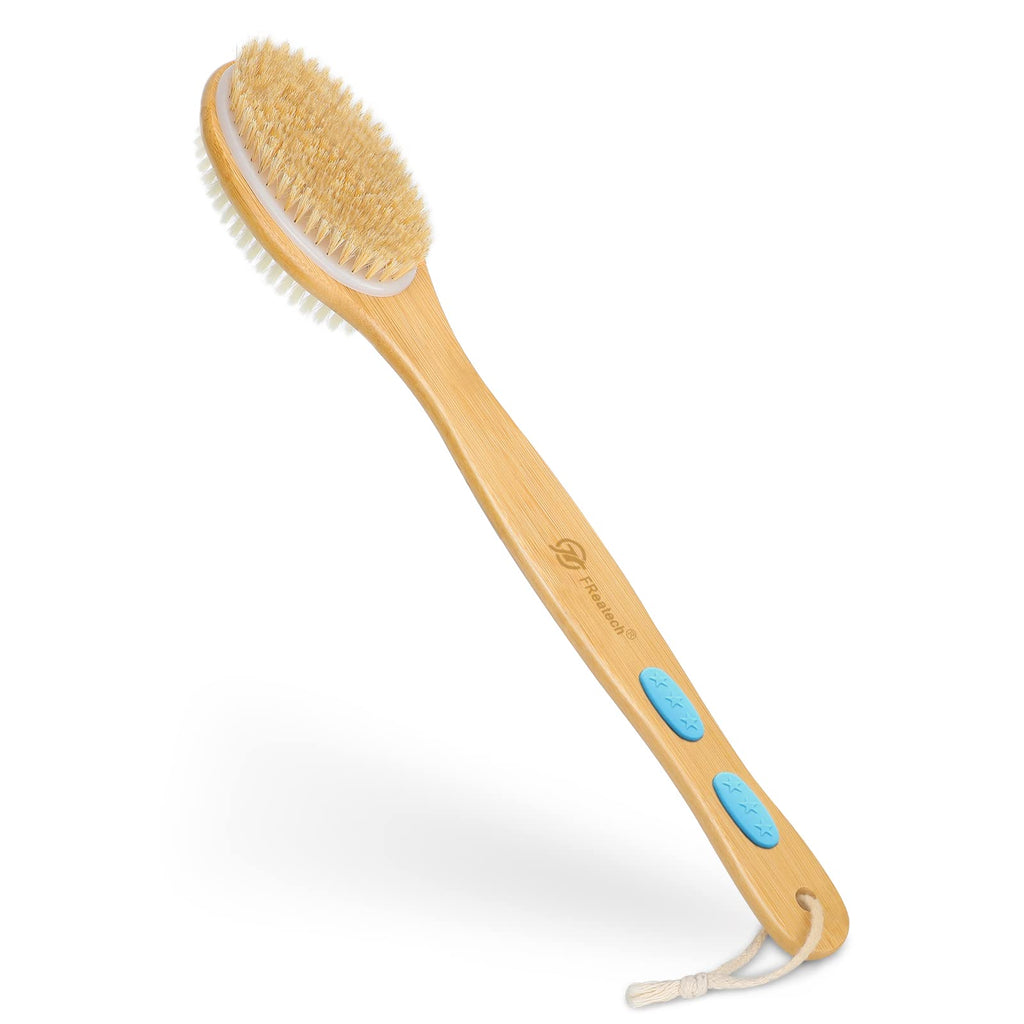 [Australia] - FREATECH Long Handle Body Brush Back Scrubber Exfoliator - Bamboo Bath Shower Brush, Dual-sided Brush Head with Soft Nylon Bristles and Stiff Natural Bristles for Wet or Dry Brushing Blue 