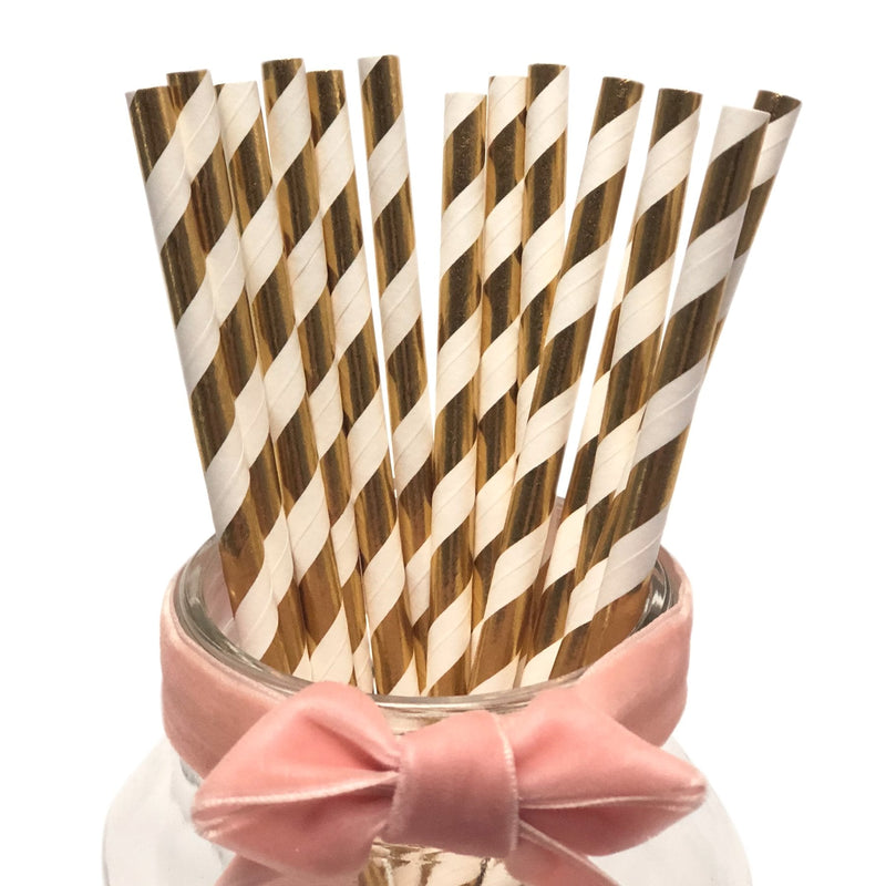 [Australia] - YYECO Disposable Gold and White Striped Paper Straws Metallic Gold Foil Paper Drinking Straws for Wedding, Celebrations, Party Supplies (100 Pack) 