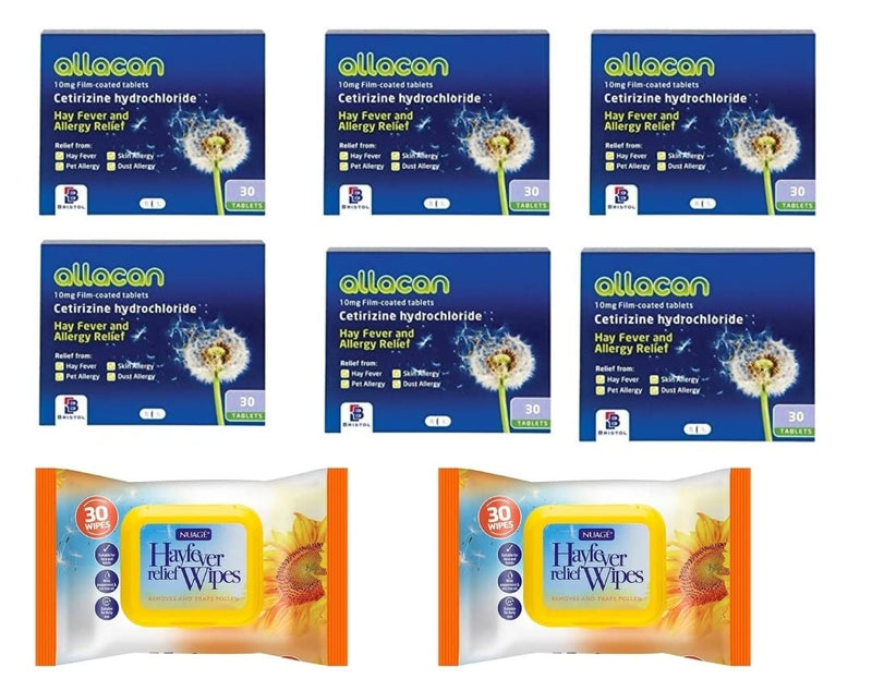 [Australia] - Allacan Cetirizine Hayfever Allergy Tablets 30 x 6 Months Supply & 2 x Nuage Hayfever Allergy Relief Wipes 30 Wipes - Hayfever Allergy Relief Bundle 