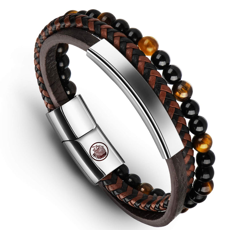 [Australia] - Mens Leather Bracelet – Classic Handmade Braided Black & Brown Cuff Bracelet with Engraved Magnetic Clasp FREE Jewelry GIFT Boxed Brown - Silver 17.5 Centimetres 