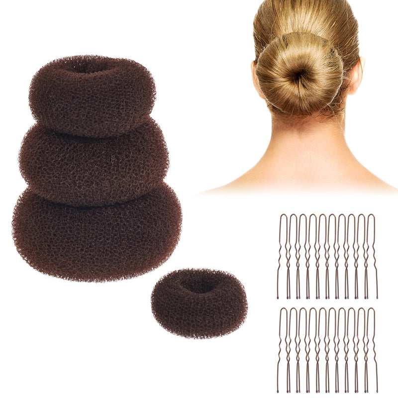 [Australia] - Brown Hair Bun Maker Bun Donut Set DBOO 4Pcs Hair Doughnut Bun Maker Buns Shaper Doughnut Brown Rings with 20pcs Brown Hair Pins Ballet Bun Kit Hair Accessories 