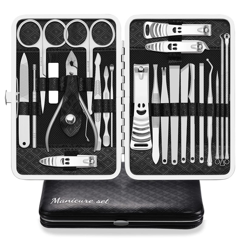 [Australia] - Manicure Set Professional Nail Clippers Kit Pedicure Care Tools 23pcs Stainless Steel Grooming Tools With Black PU Leather Case for Travel or Home (Black/Silver) 