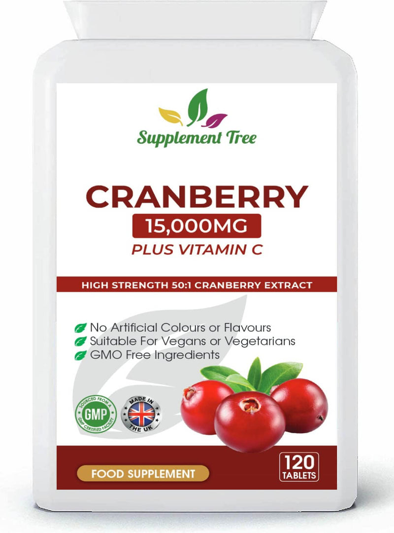 [Australia] - Triple Strength Cranberry Tablets 15,000mg | 120 Vegan Tablets with VIT C | High Strength Cranberry Extract Tablet | UTI Cystitis Support for Men & Women | Cranberry Pills Supplement | UK Manufactured 