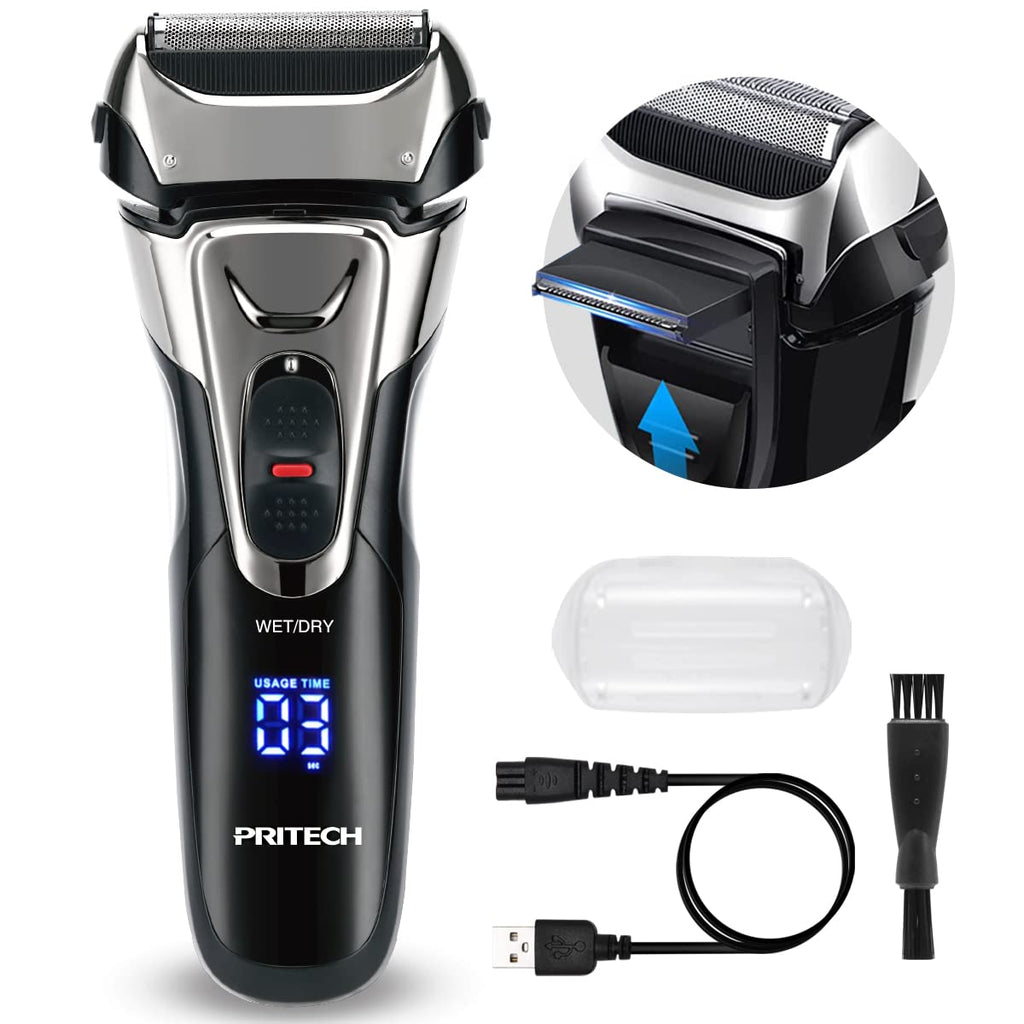 [Australia] - Electric Razor Mens Shaver - Rechargeable Shaver Men's Razor,Cordless Foil Shavers with Pop-up Precision Trimmer,Wet and Dry Waterproof Electric Shavers Men,USB Charge,LED Display,Black by PRITECH 