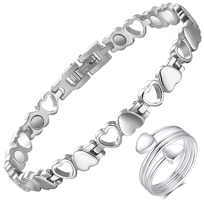 [Australia] - Vicmag Magnetic Bracelets for Women, Titanium Steel Magnet Brazaletes, 3500 Gauss Magnets Gift with Removal Tool (Love Heart Design for Ladies) Silver 