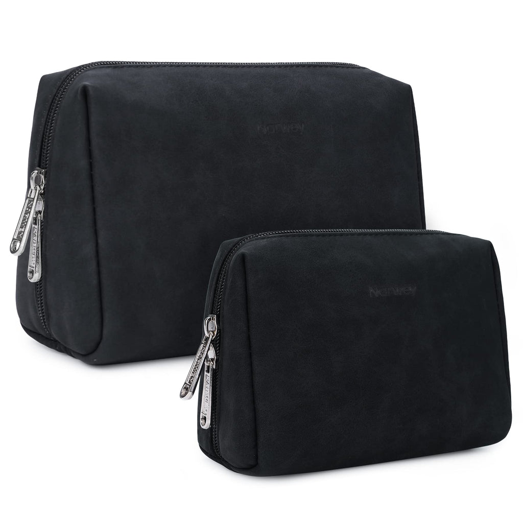 [Australia] - 2 Pack Vegan Leather Makeup Bag Zipper Pouch Travel Cosmetic Organizer for Women and Girls (Black (Pack of 2)) Black (Pack of 2) 