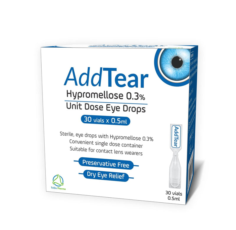 [Australia] - AddTear Sterile and Preservative Free Eye Drops for Dry Eyes, Hypromellose 0.3% Unit Dose Eye Drops, Suitable for Contact Lens wearers, 30 vials X 0.5 ml 