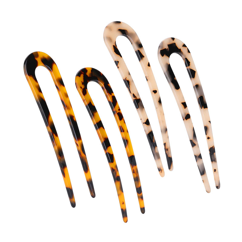 [Australia] - Sibba 4 Pieces U Shaped Hair Pin French Style Cellulose Acetate Tortoise Shell Fork Sticks Updo Chignon Pin for women Girls Hairstyle Accessories 